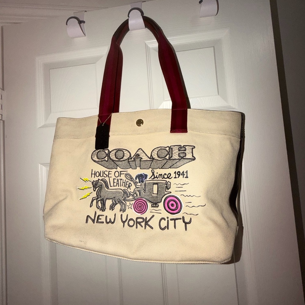 Coach Cream Tote with Red Handles